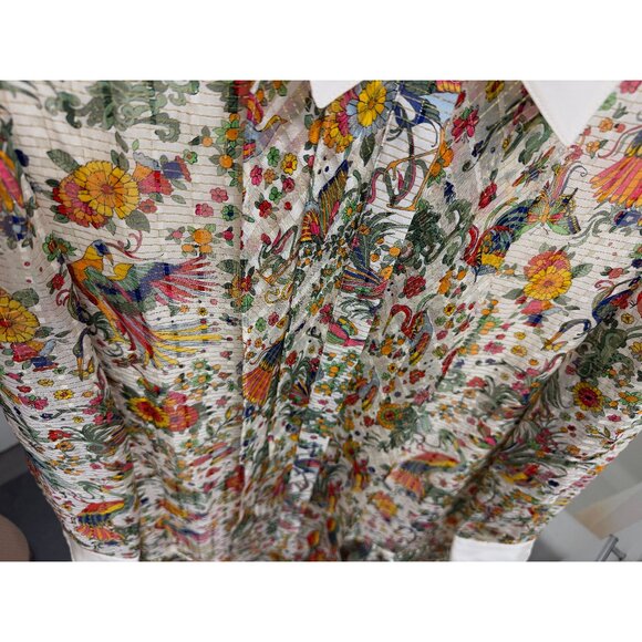 Tory Burch Promised Land Bird Peacock Floral Print Mini Dress Metallic Silk 8 - Picture 10 of 16